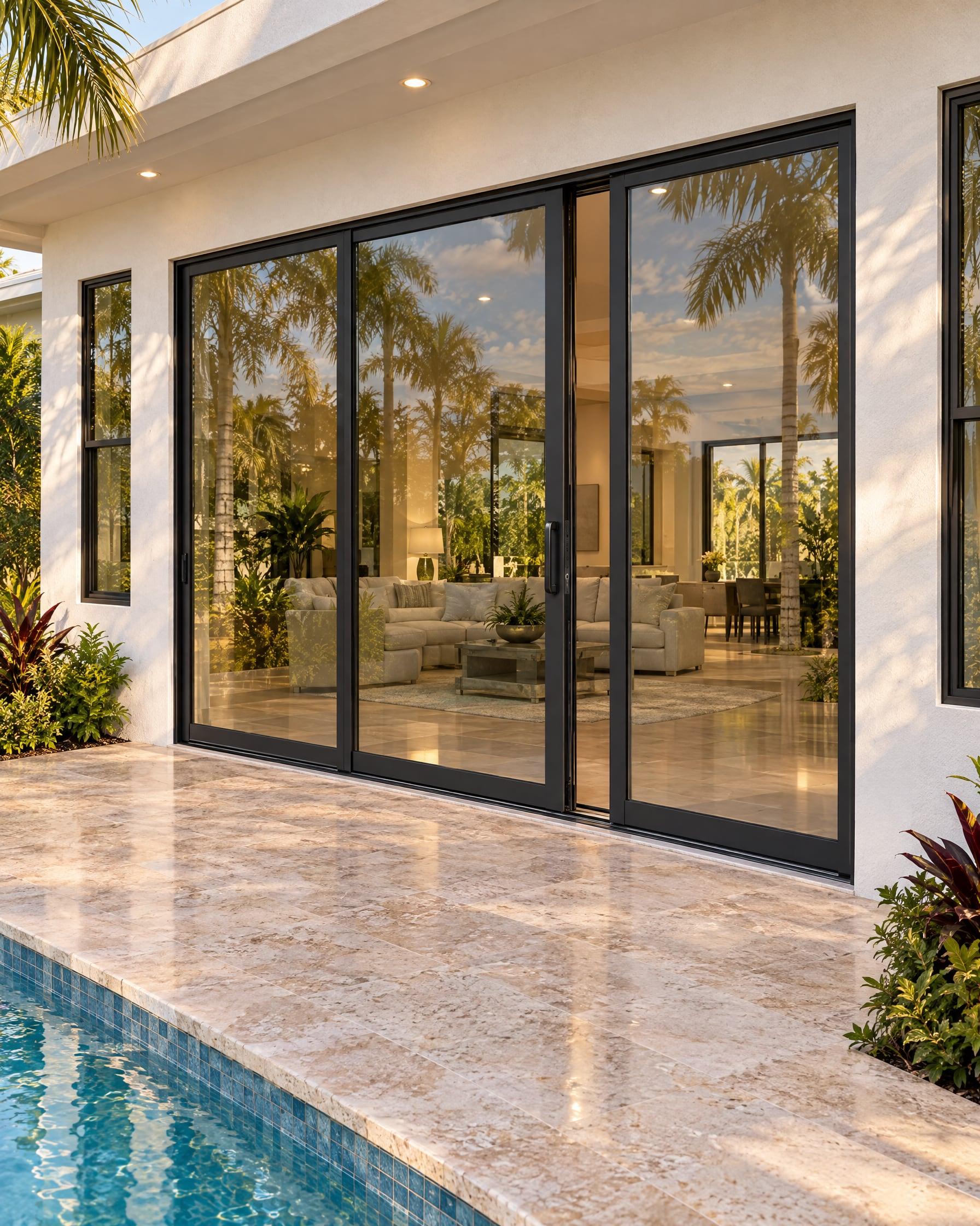 Black aluminum impact sliding glass door with one panel partially open onto a travertine pool deck