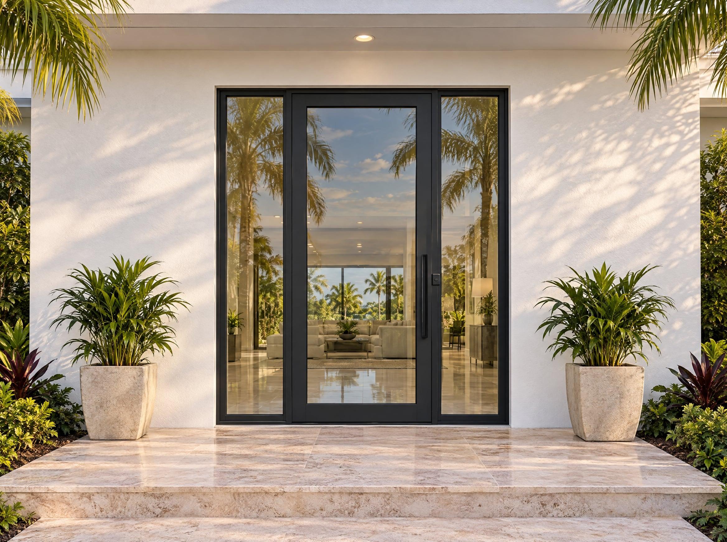 Impact glass front entry door with matching fixed sidelights in black aluminum