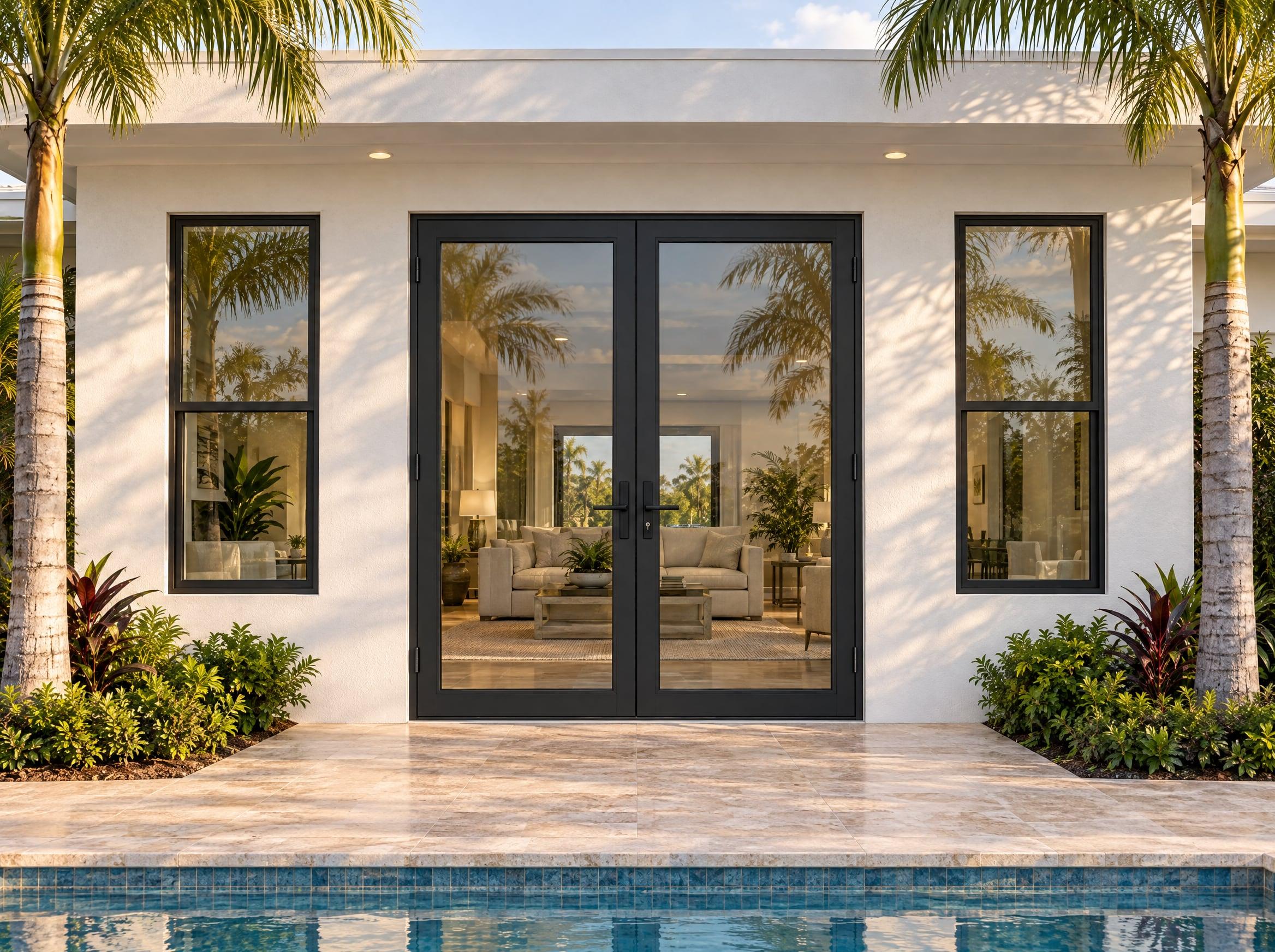 Pair of black aluminum impact French doors opening onto a travertine lanai