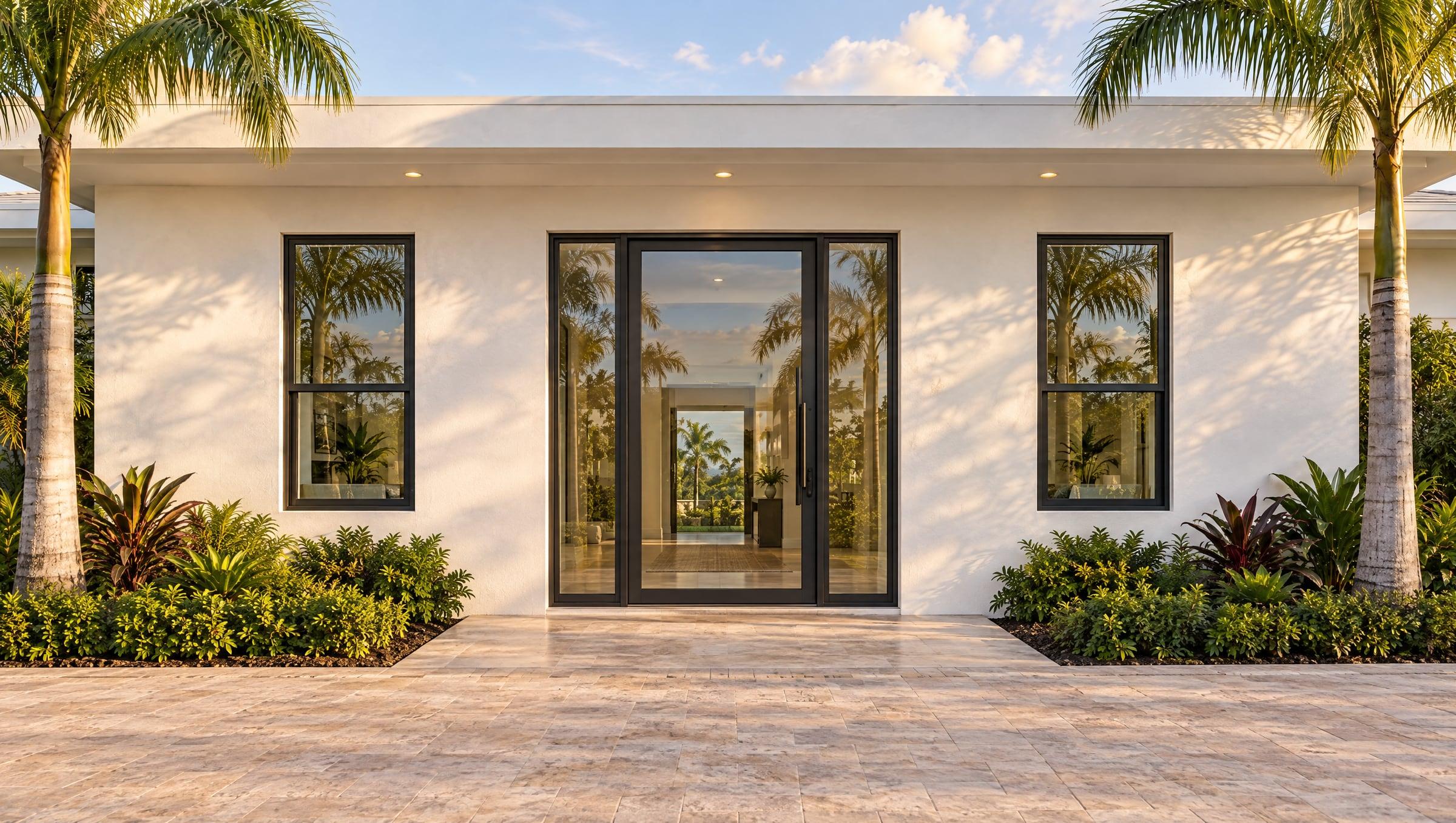 Front of a modern home with an impact glass entry door, sidelights and single-hung impact windows