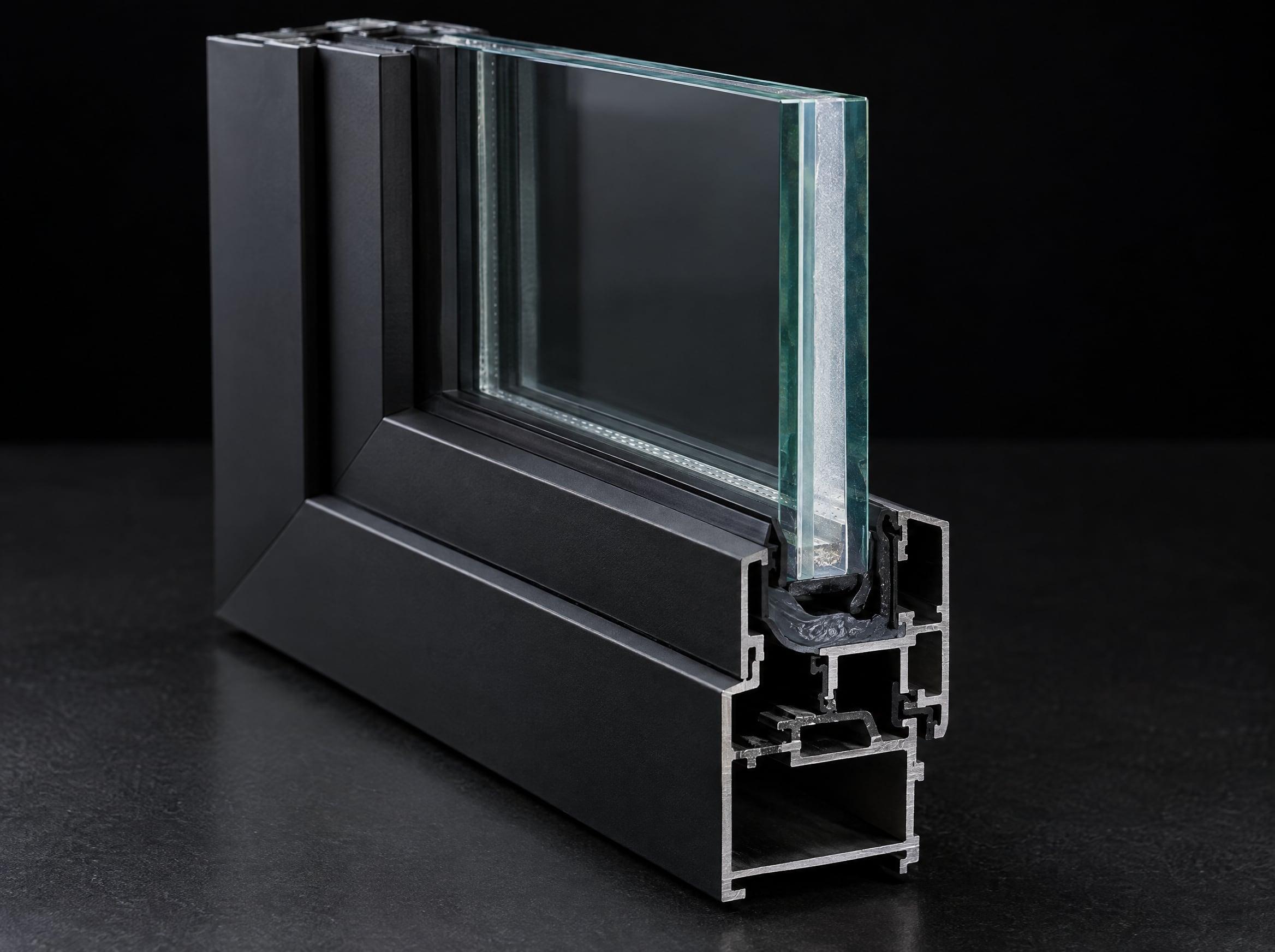 Cutaway of an impact window frame showing laminated glass and the aluminum extrusion
