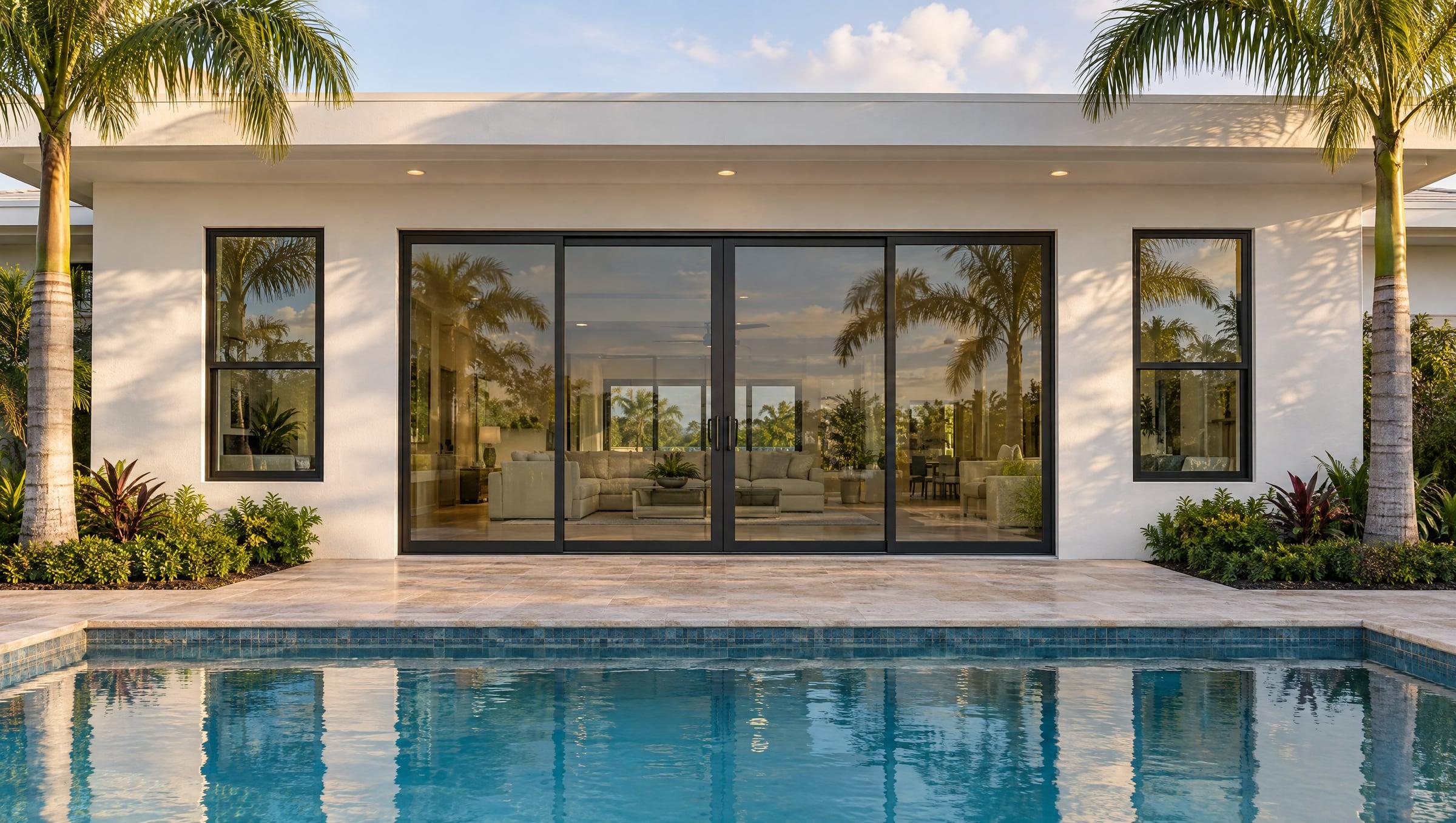 Modern Southwest Florida home with a four-panel black impact sliding glass door and matching single-hung impact windows beside the pool