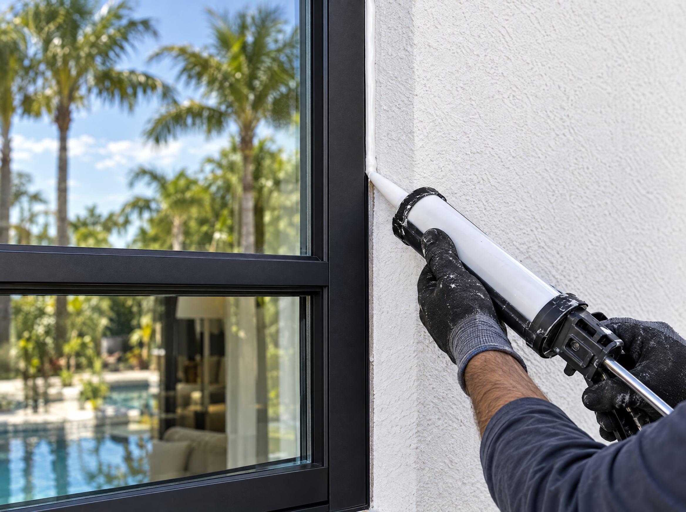 Installer sealing the joint between a newly installed impact window frame and the wall