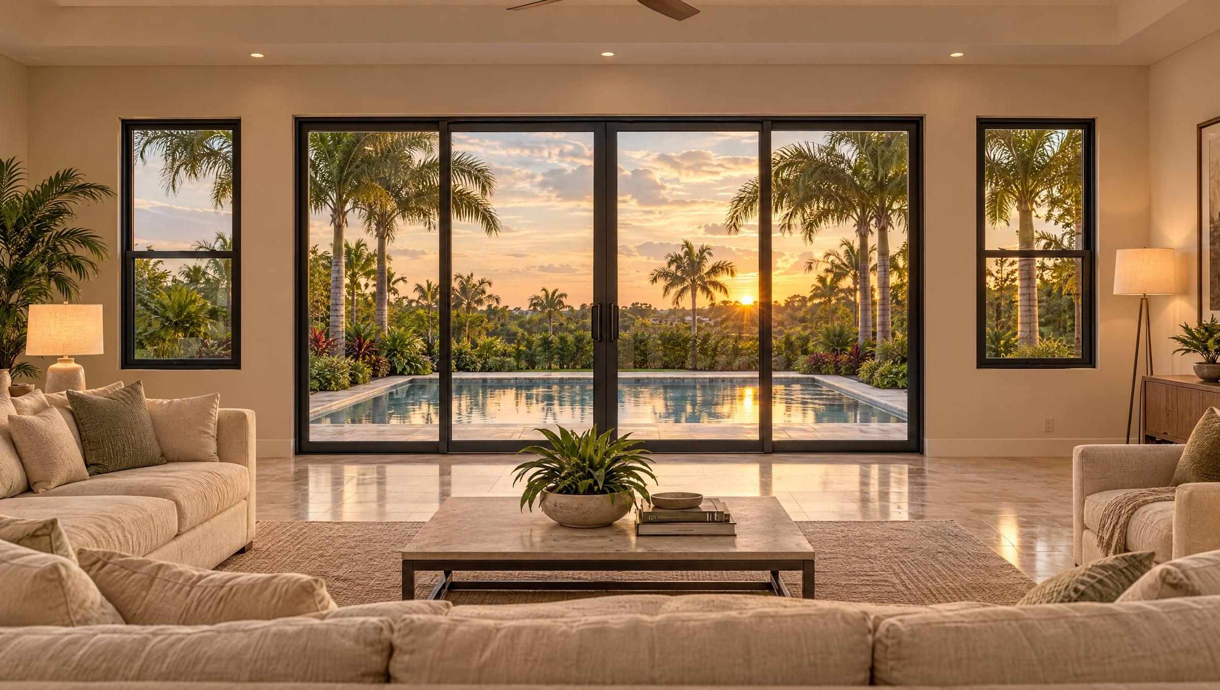 Calm living room behind impact sliding glass doors and windows at golden hour