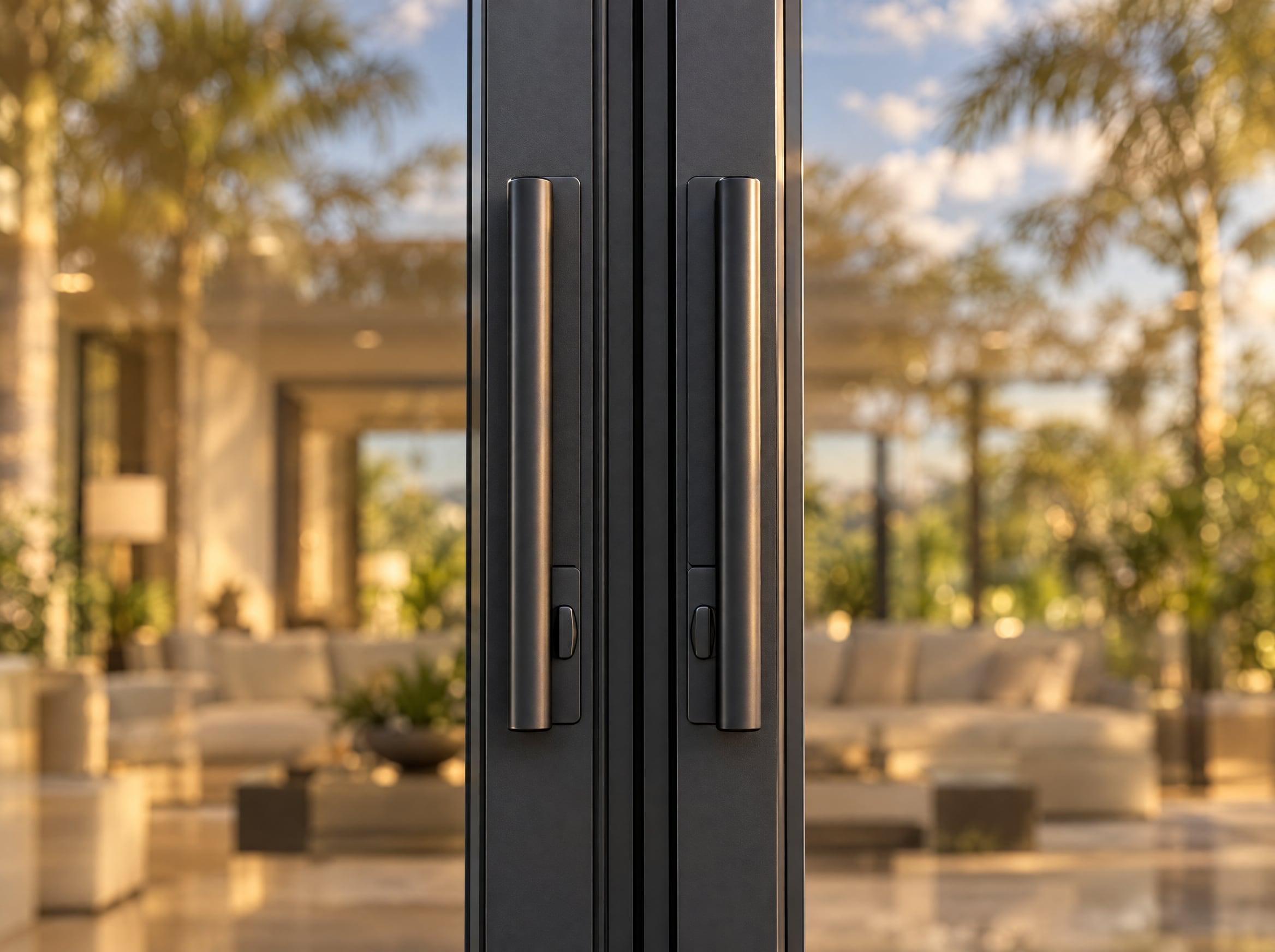 Close-up of the pull handles and locks on an impact sliding glass door