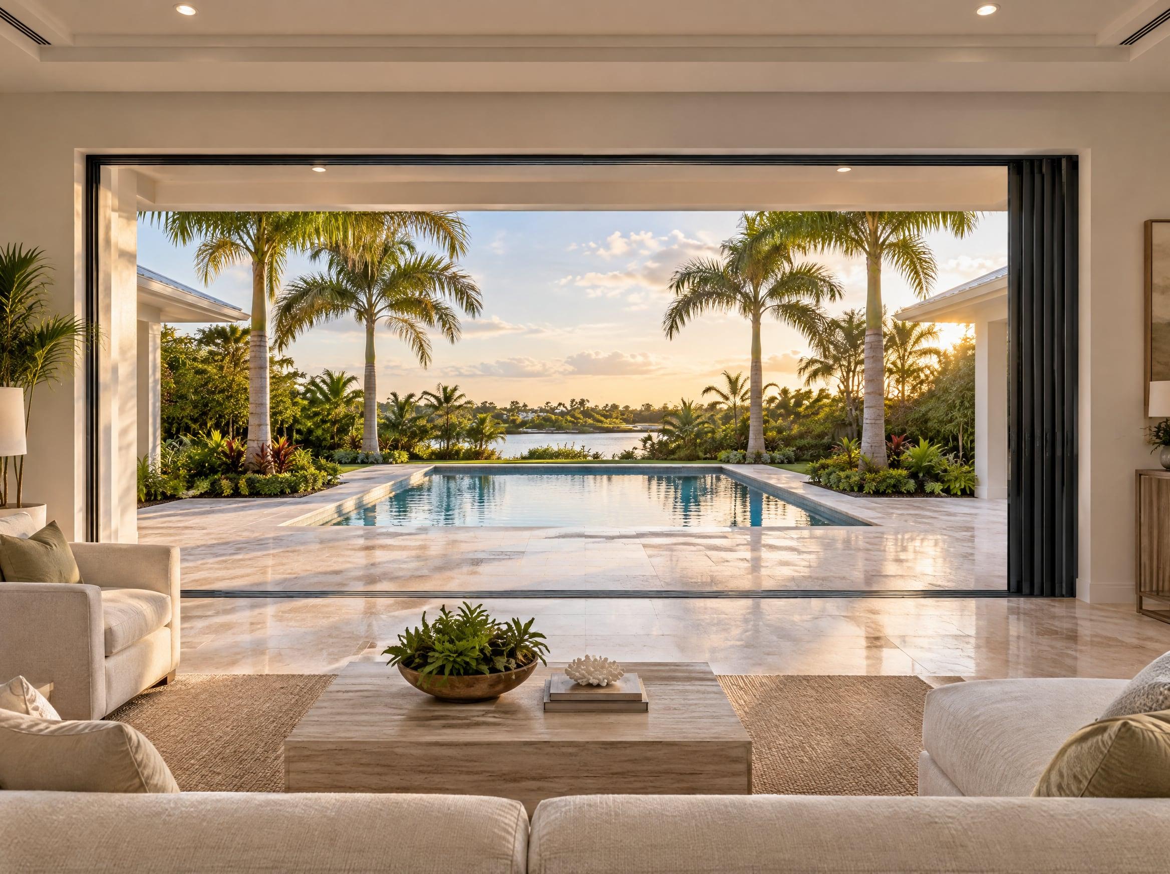 Impact multi-slide glass door with panels stacked open to the pool and lanai