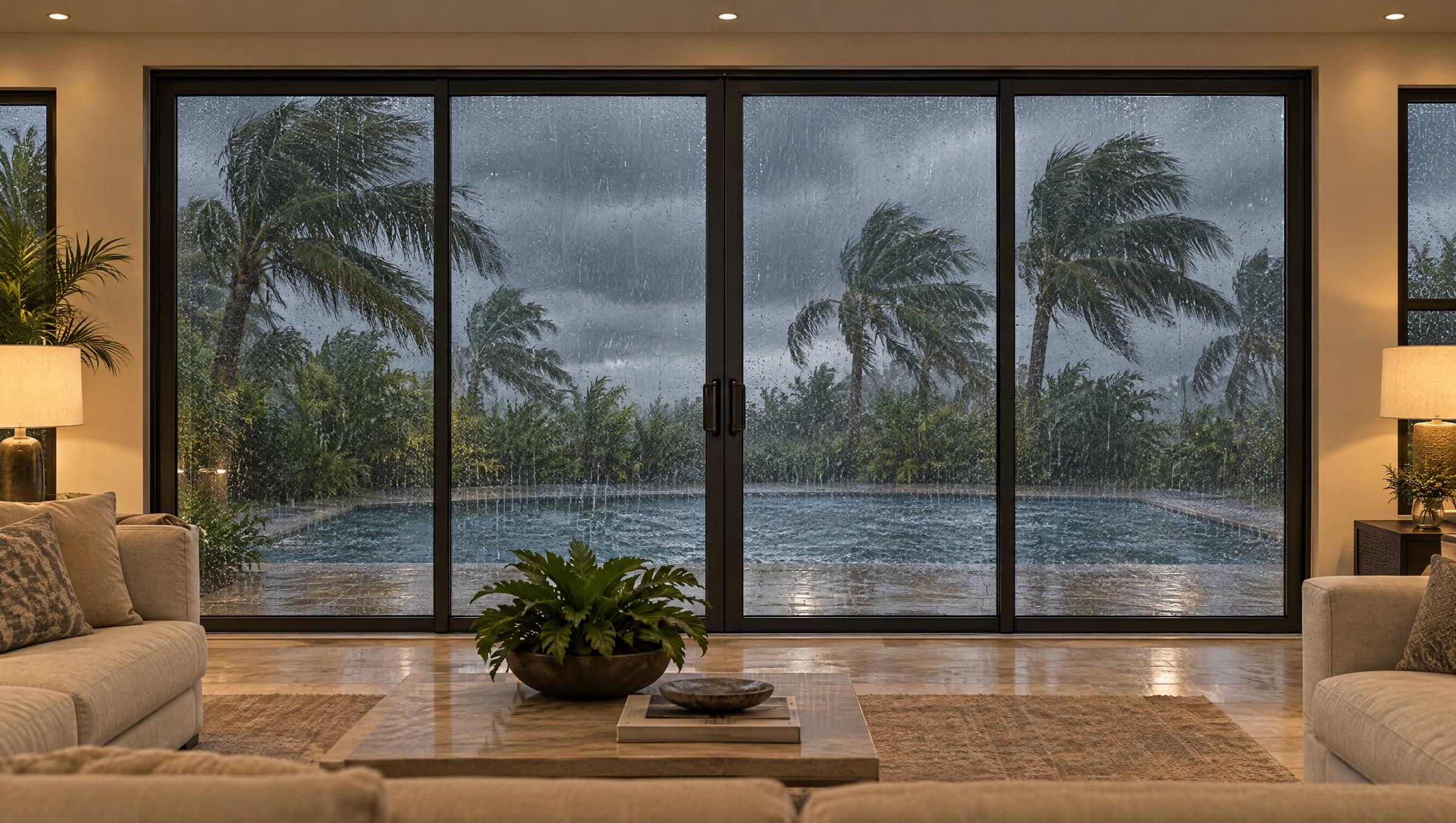 Calm living room seen from inside while hurricane rain streaks the impact sliding glass door