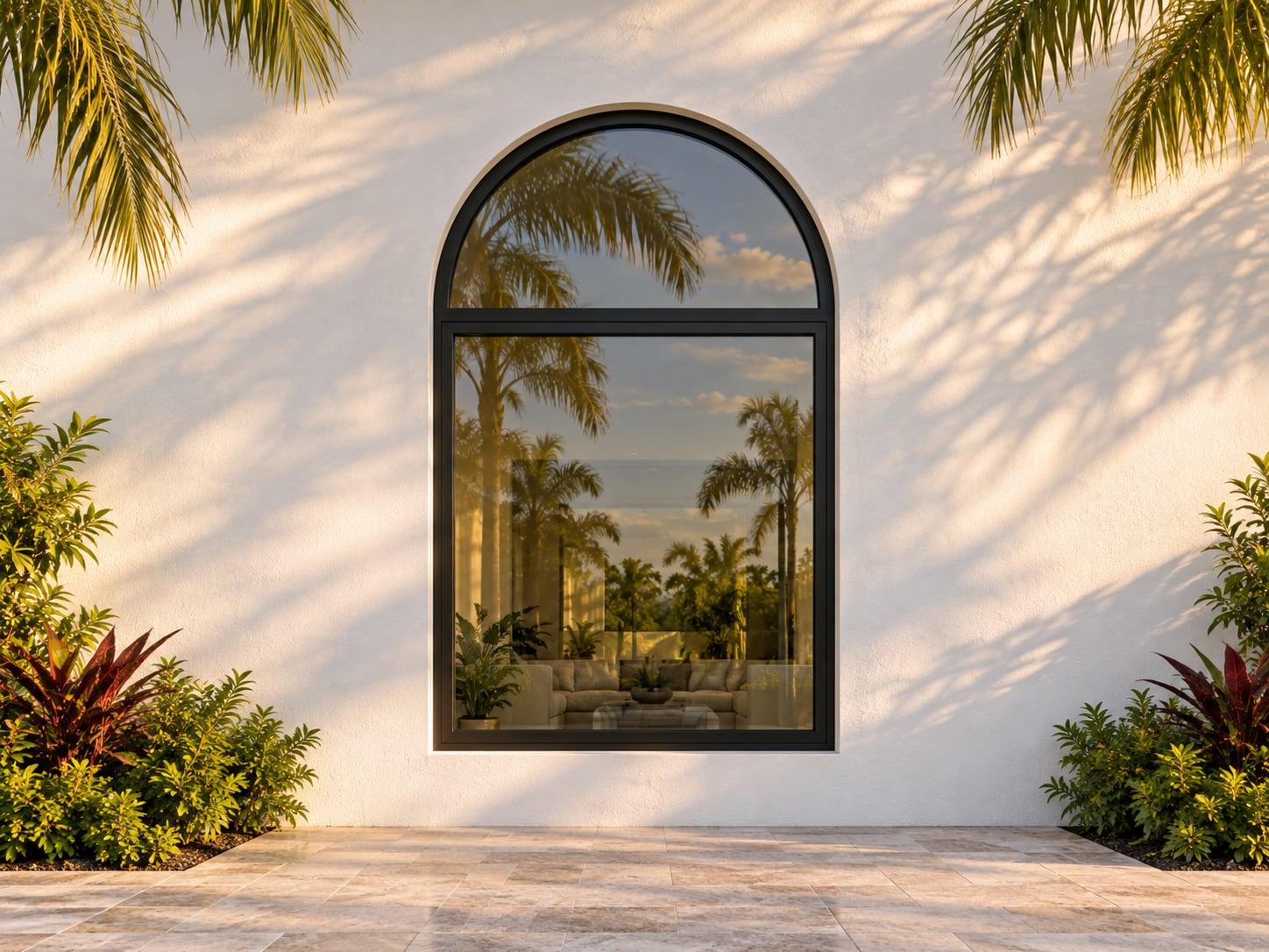 Custom arched impact window with a semicircular transom