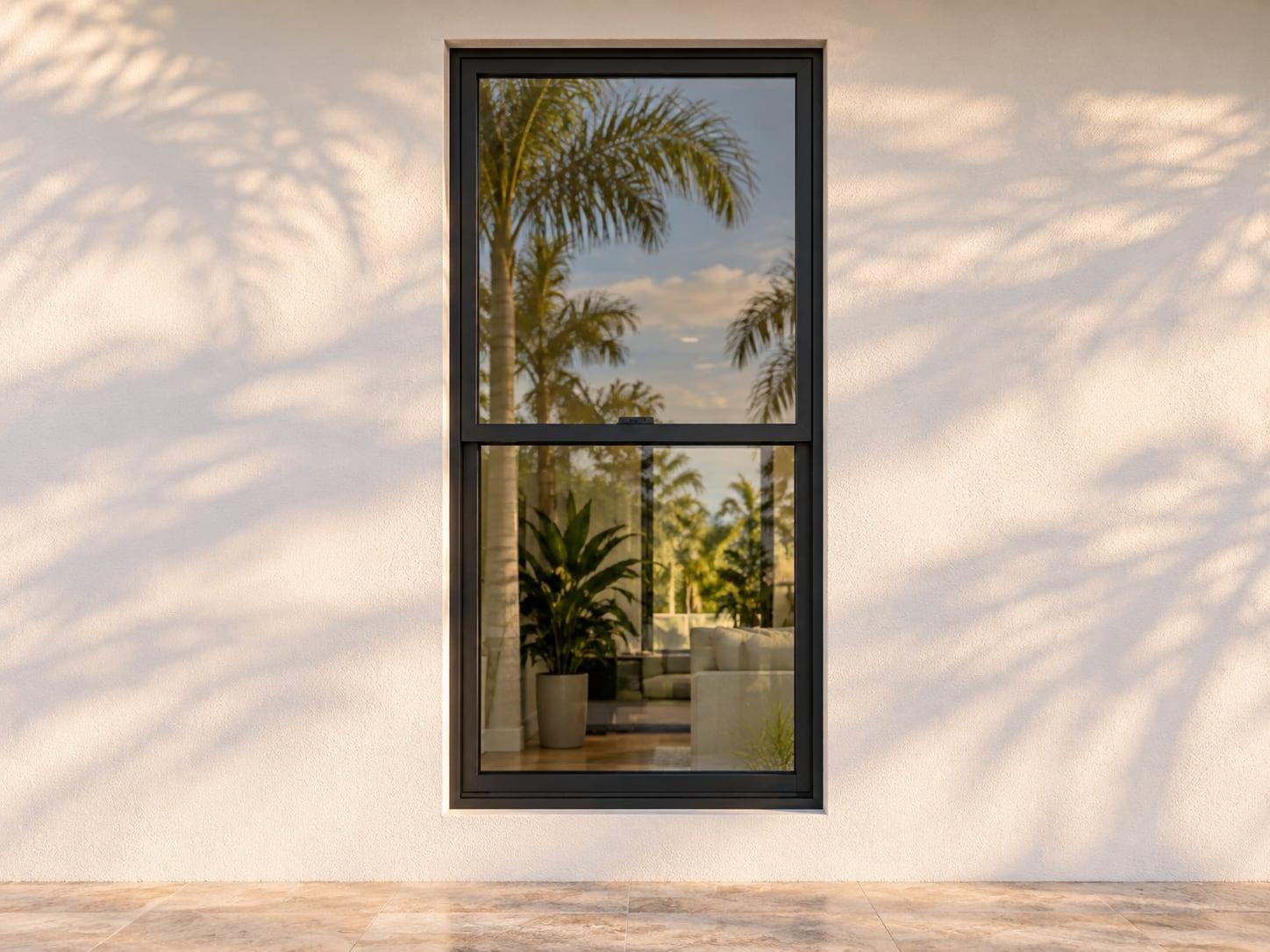 Single-hung impact window with a black aluminum frame in white stucco