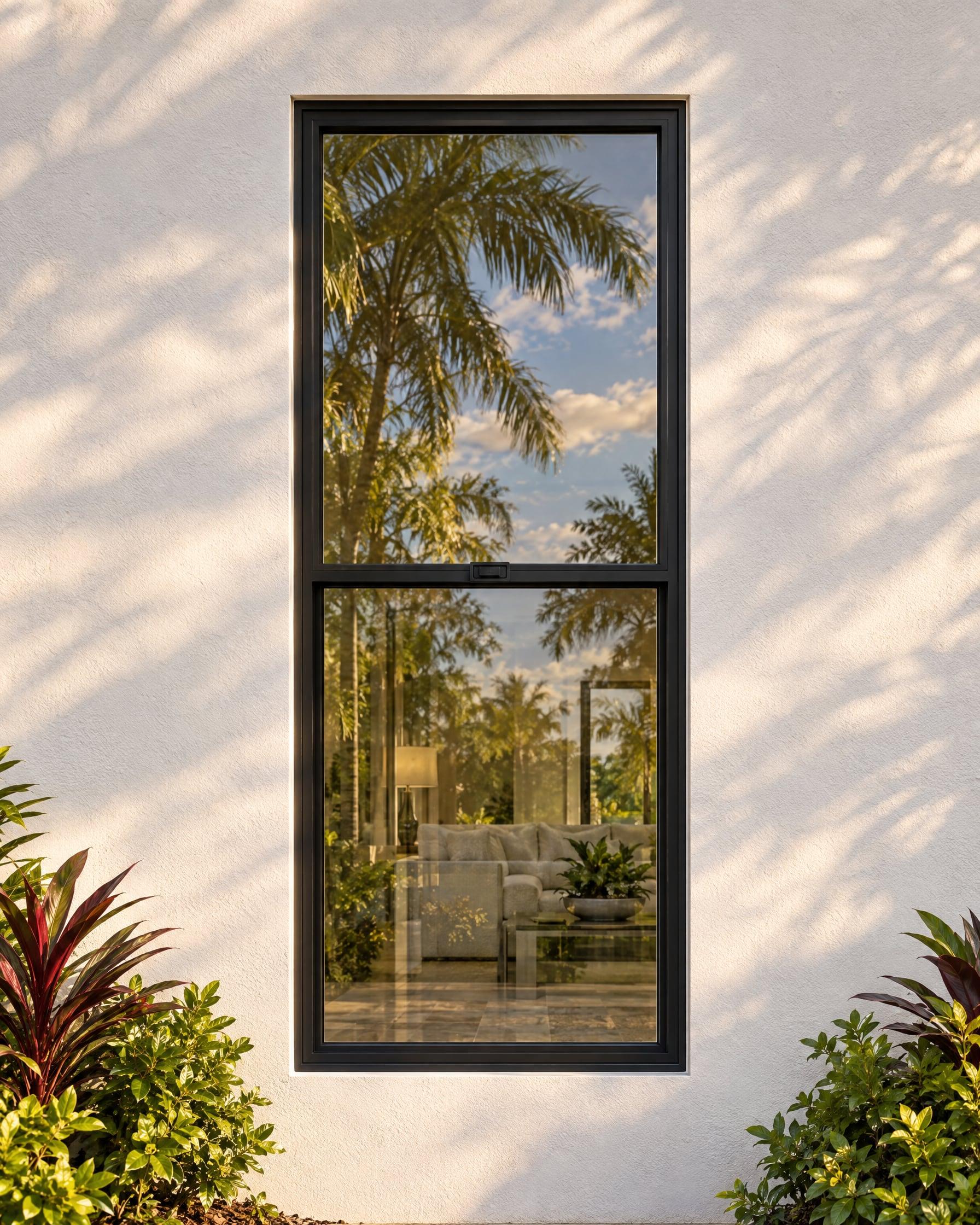 Single-hung impact window with a black aluminum frame installed in white stucco
