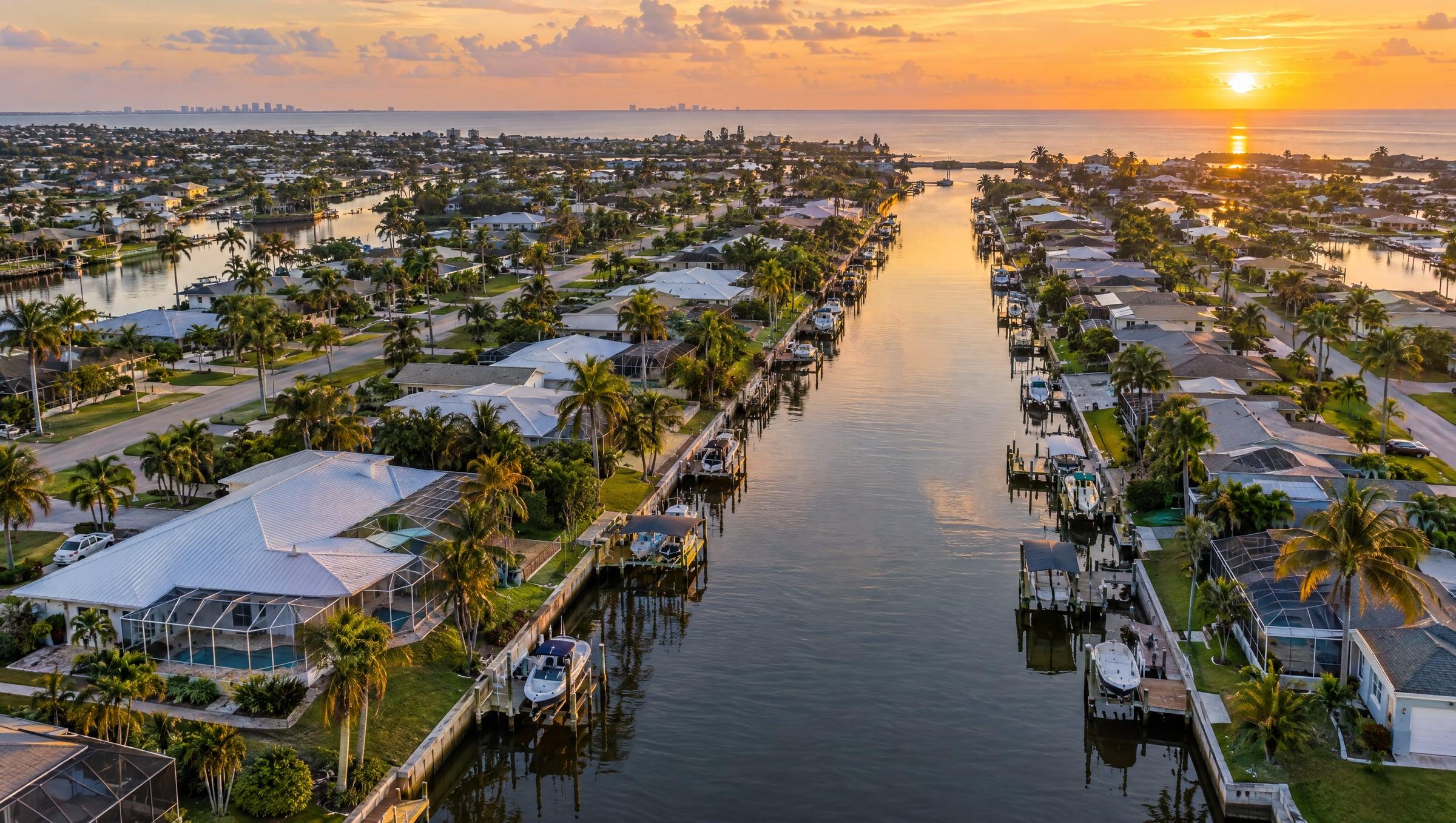 Aerial view of canal-front homes in Cape Coral, Florida at golden hour